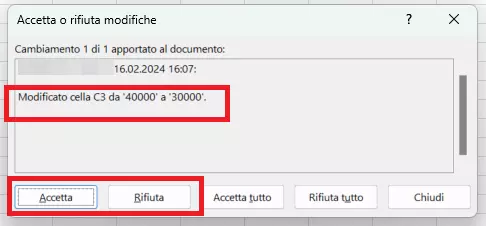 Finestra di dialogo “Accetta o rifiuta modifiche” in Excel