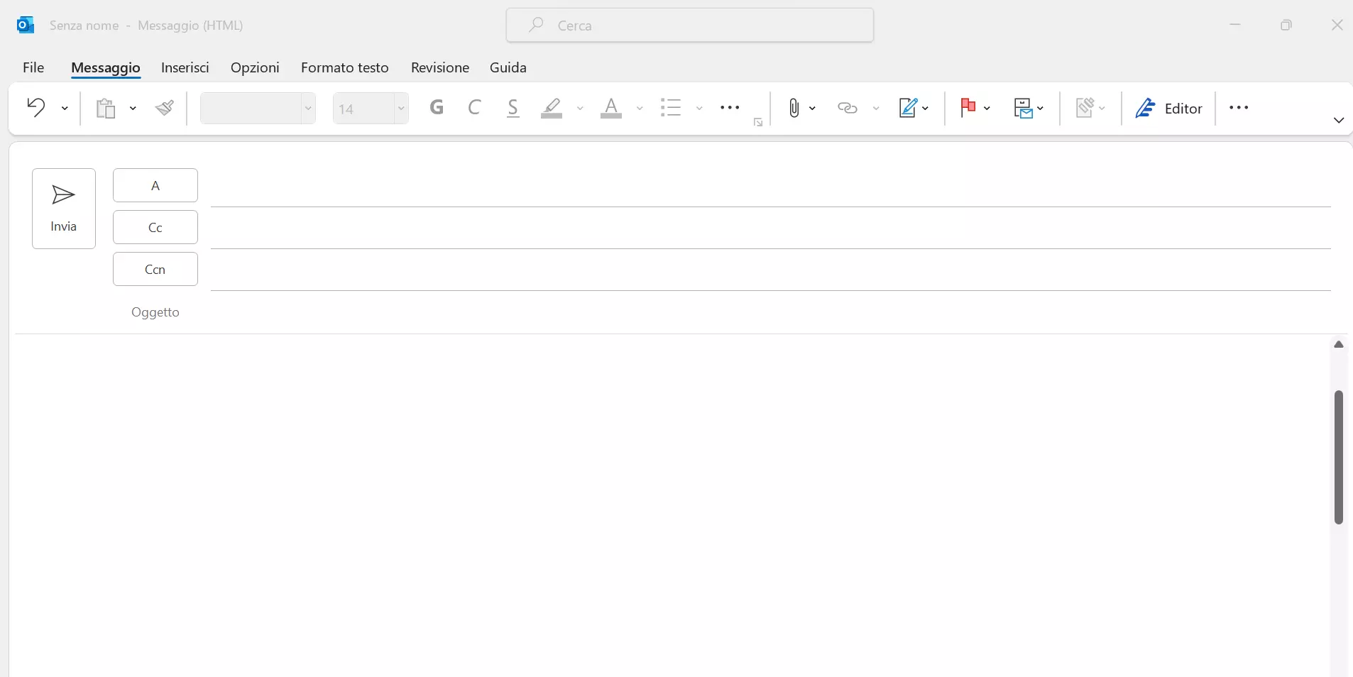 Interfaccia di una nuova e-mail su Outlook