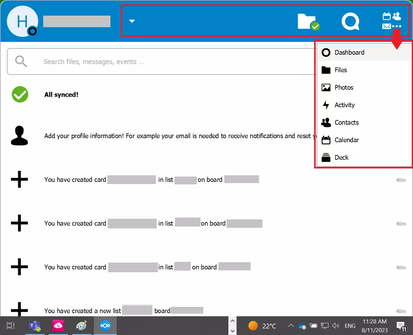 App desktop del client Nextcloud con barra di navigazione