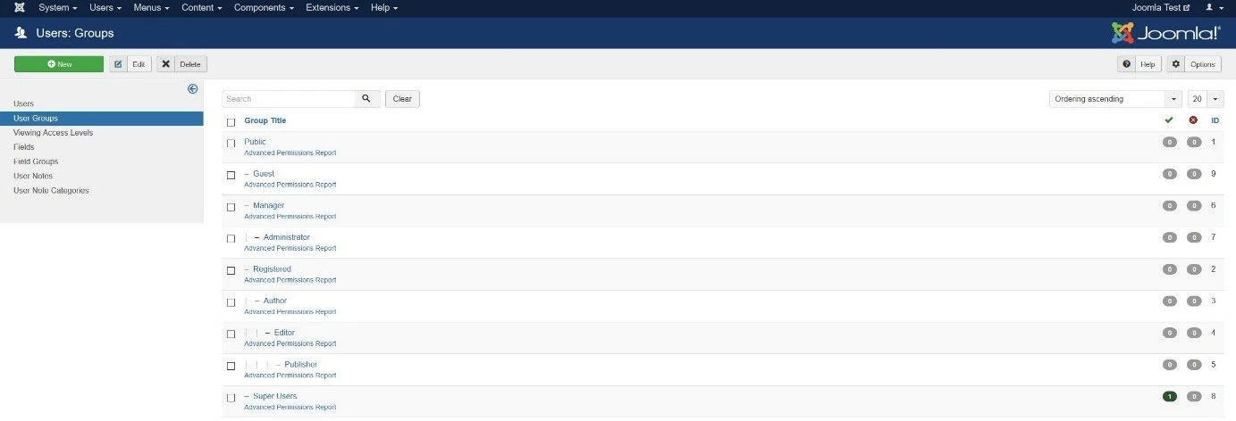 Gruppi utenti predefiniti in Joomla