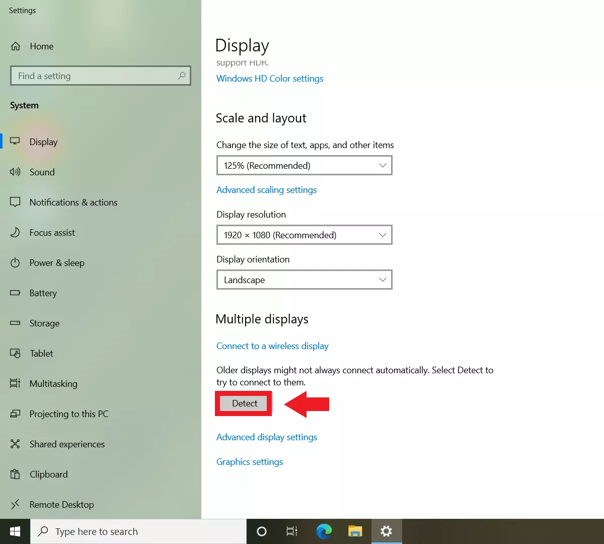 Schermata del menu di visualizzazione su Windows 11 con evidenziato il pulsante “Rileva”