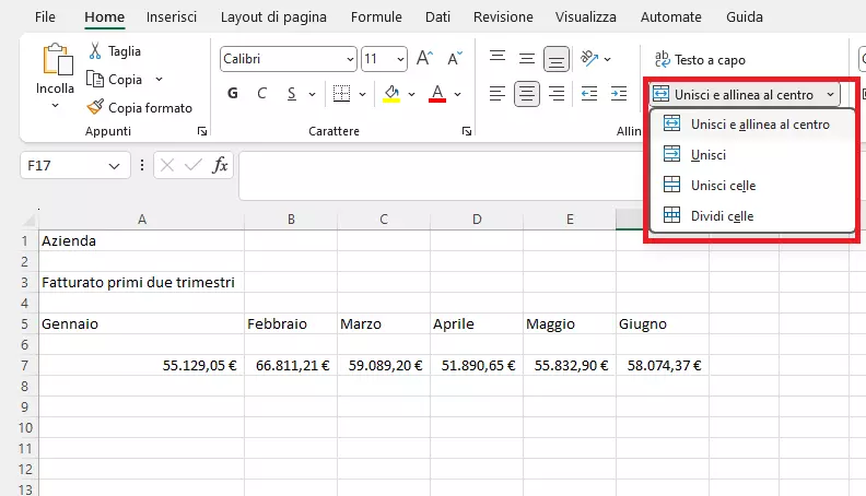 Unire le celle in Excel con “Unisci e allinea al centro”