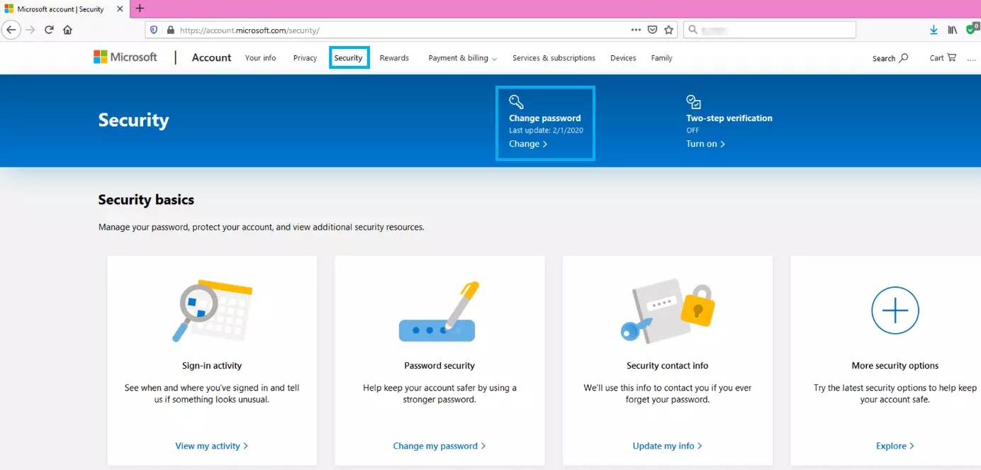 Modificare la password online nell’account Microsoft