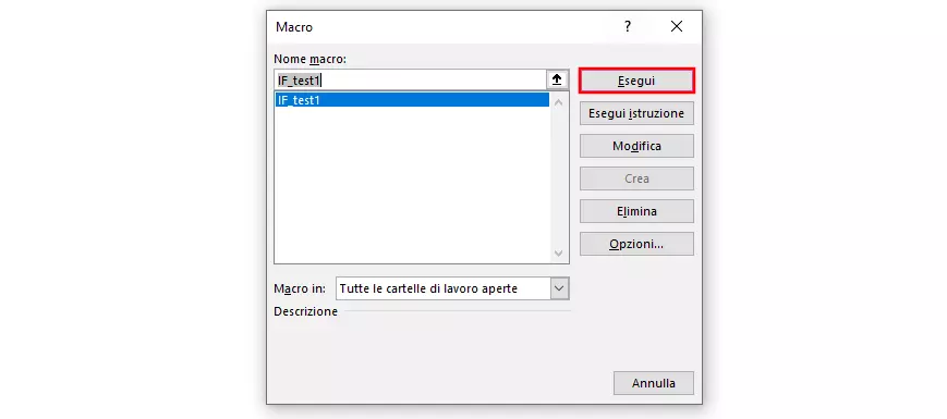 VBA di Excel: esecuzione di IF_test1