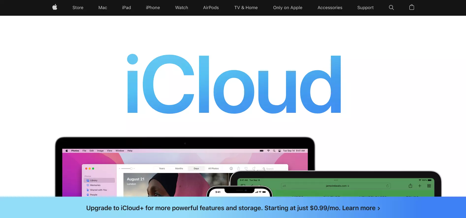 Screenshot della pagina iniziale di iCloud