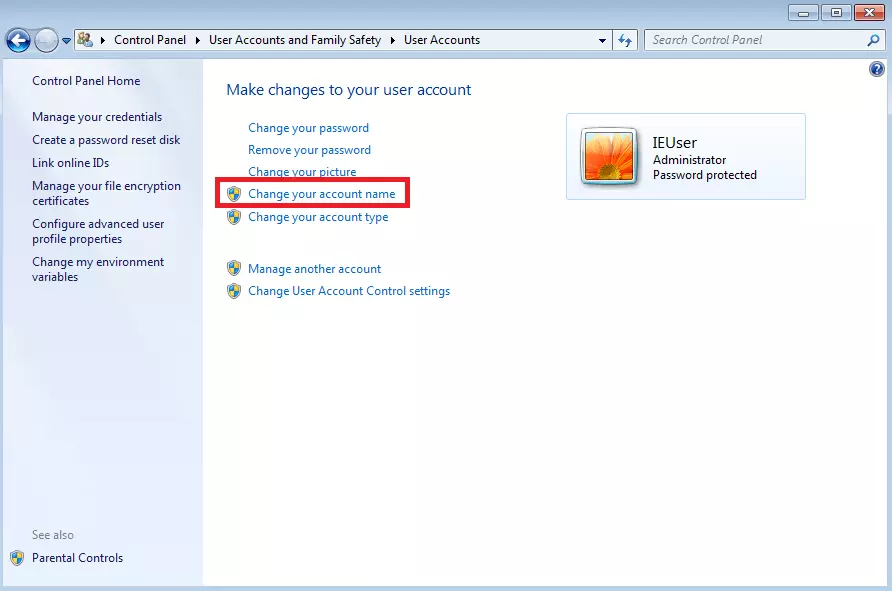 Windows 7: menu “Account utente”