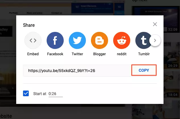 Guardare un video YouTube con parametro temporale nel menu “Condividi”