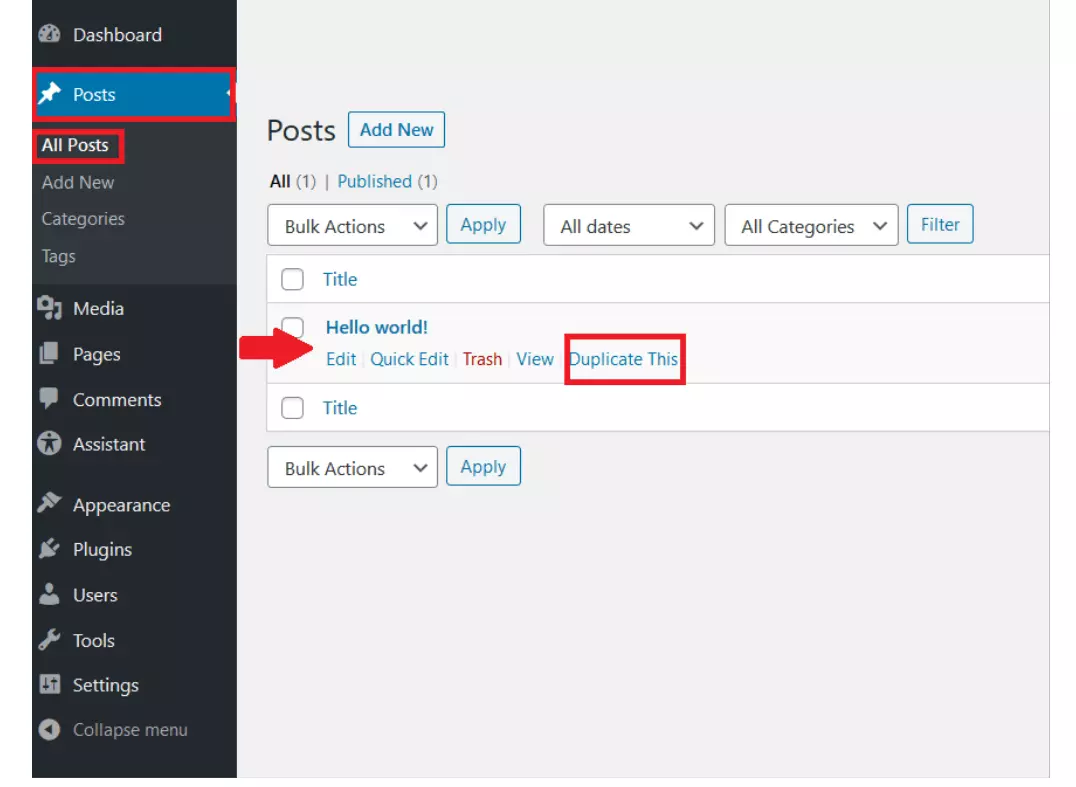 Bacheca di WordPress: “Post” / “Tutte i post”, con l’opzione per duplicare un post evidenziato