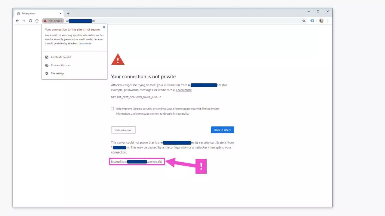 Notifica di errore ERR_CERT_COMMON_NAME_INVALID: opzione per aprire un sito non sicuro