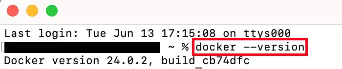 Schermata del terminale di macOS dopo l’esecuzione del comando “docker –version”