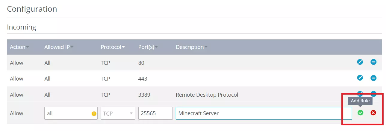 Aggiunta di una regola per una nuova porta sul Cloud Panel di IONOS