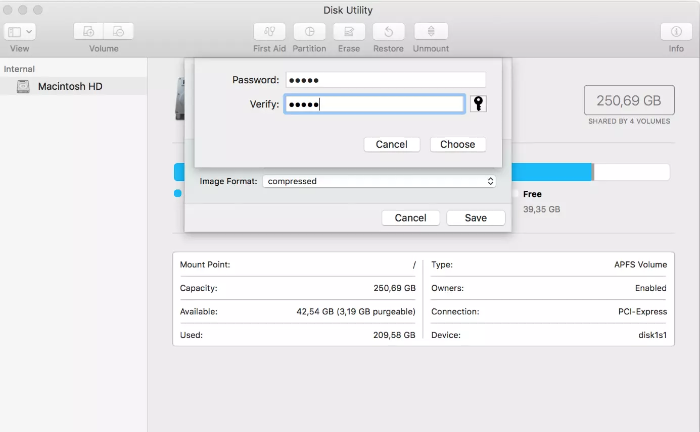 Utility Disco di macOS: inserimento password