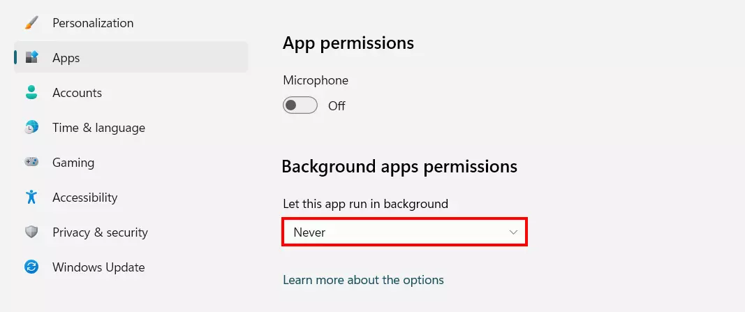 Windows 11: “Impostazioni avanzate” di un’app con permessi in background