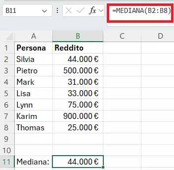 Excel: calcolare la mediana con un gruppo di valori dispari