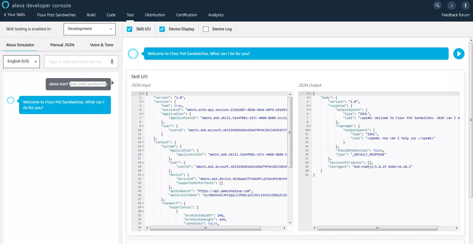 Console sviluppatori di Alexa: ambiente di test