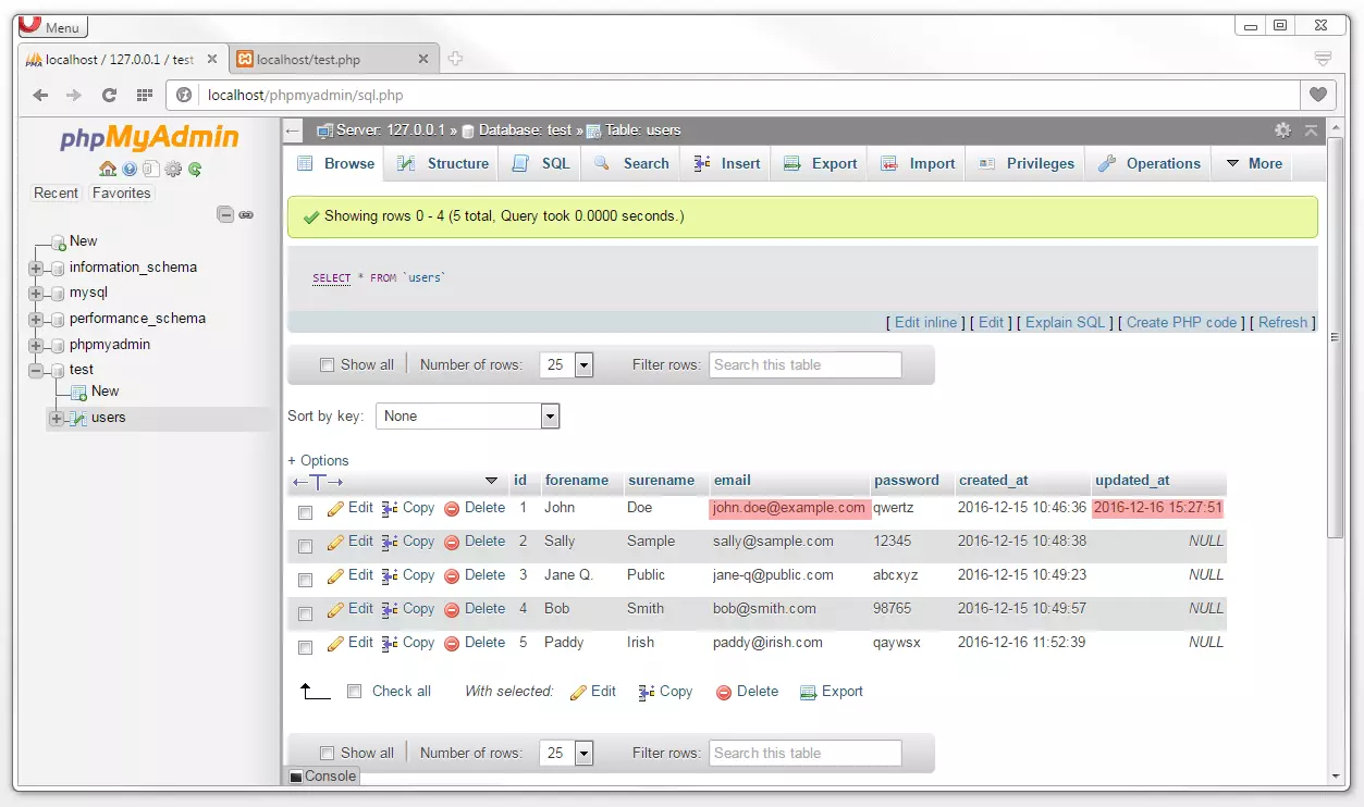 phpMyAdmin: panoramica aggiornata della tabella con l’operazione di database UPDATE