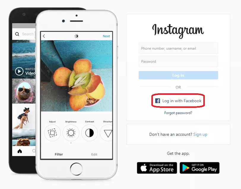 Pulsante “Accedi con Facebook” sull’homepage della versione web di Instagram