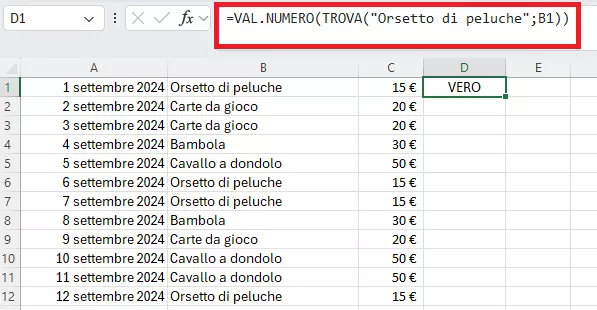 Combinazione di VAL.NUMERO e TROVA di Excel