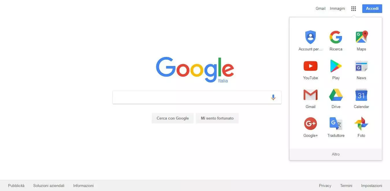 Screenshot della pagina iniziale di Google Italia