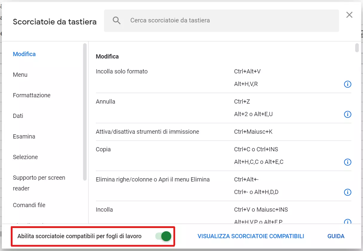 Fogli Google: abilitare scorciatoie compatibili