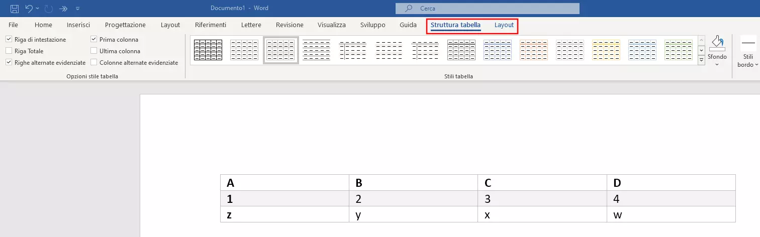 Scelta degli strumenti tabella in Word