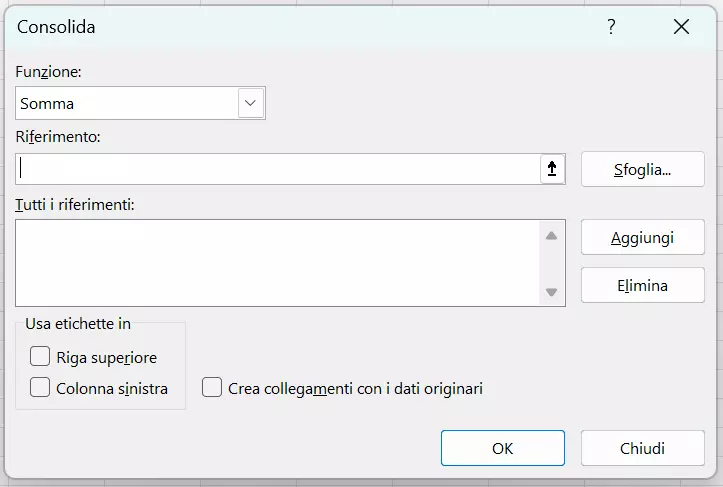 Il menu “Consolida” su Excel