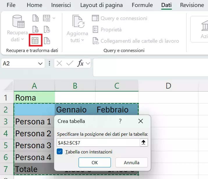 Apertura dell’editor di Power Query da “Dati” e “Da tabella/intervallo”