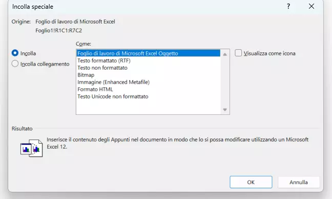 Finestra di dialogo Incolla speciale di Word