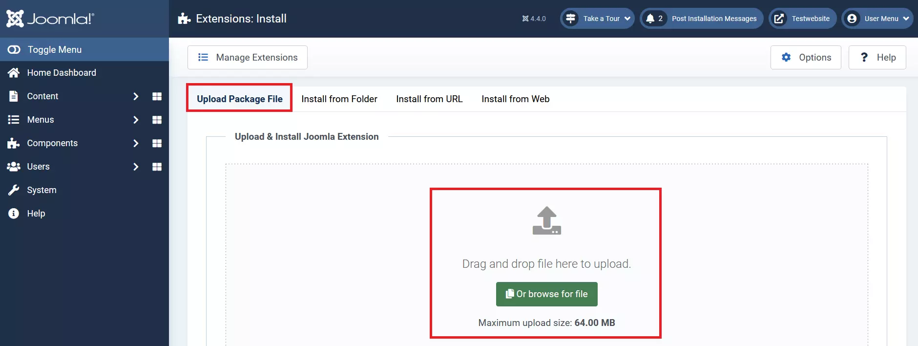 Opzione per caricare pacchetto di file nel back end di Joomla