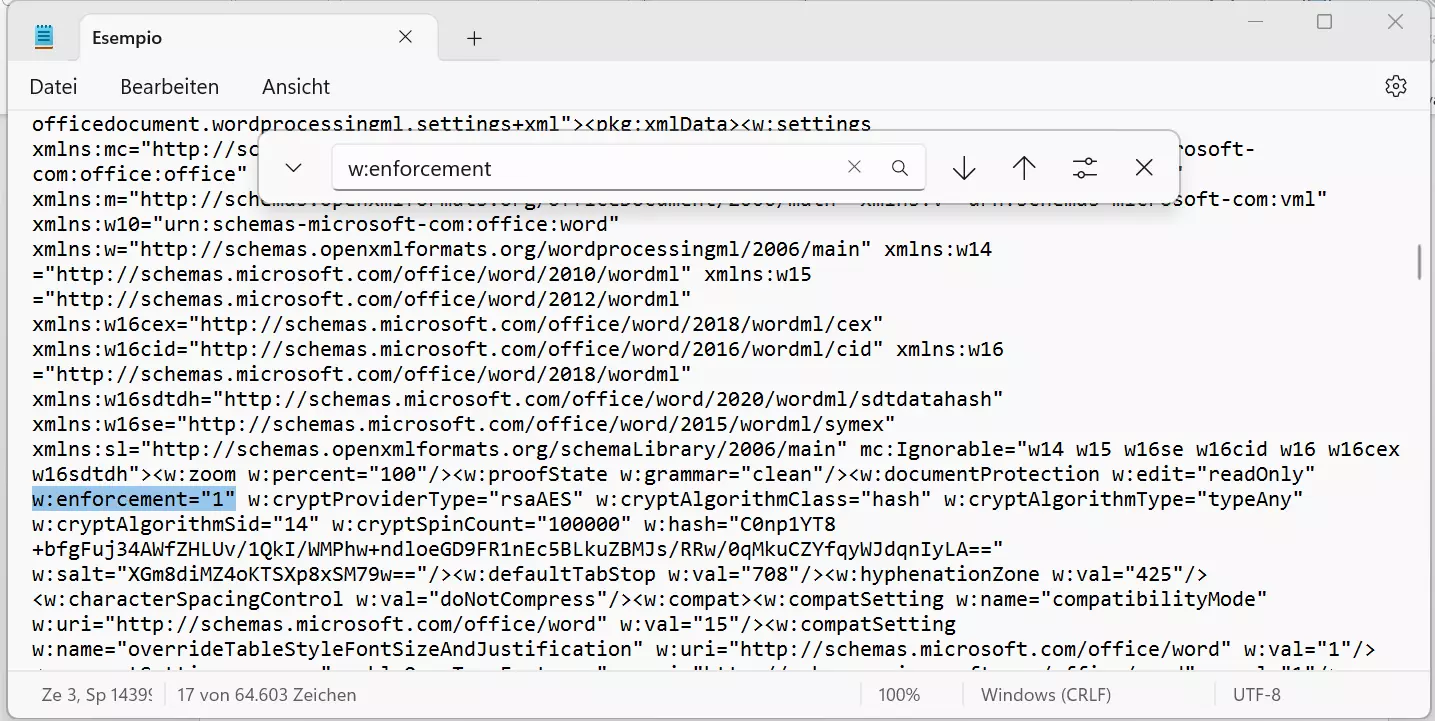 Parametri per la protezione in un documento Word XML