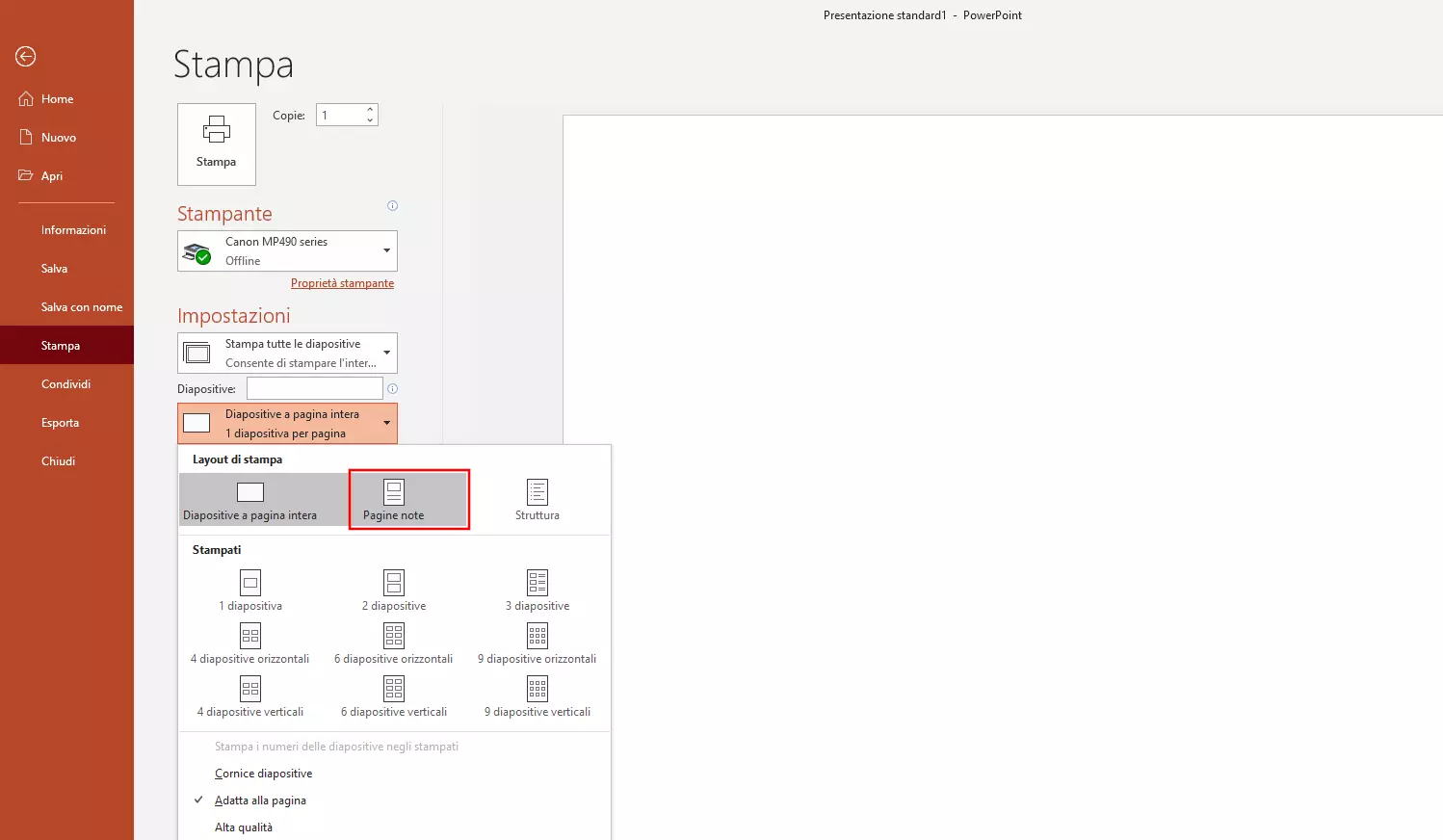 Stampare le diapositive PowerPoint con le note: selezione nel menu di stampa