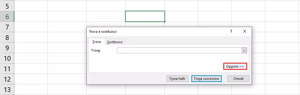 Tasto evidenziato in rosso che permette di aprire le opzioni avanzate della funzione Cerca di Excel