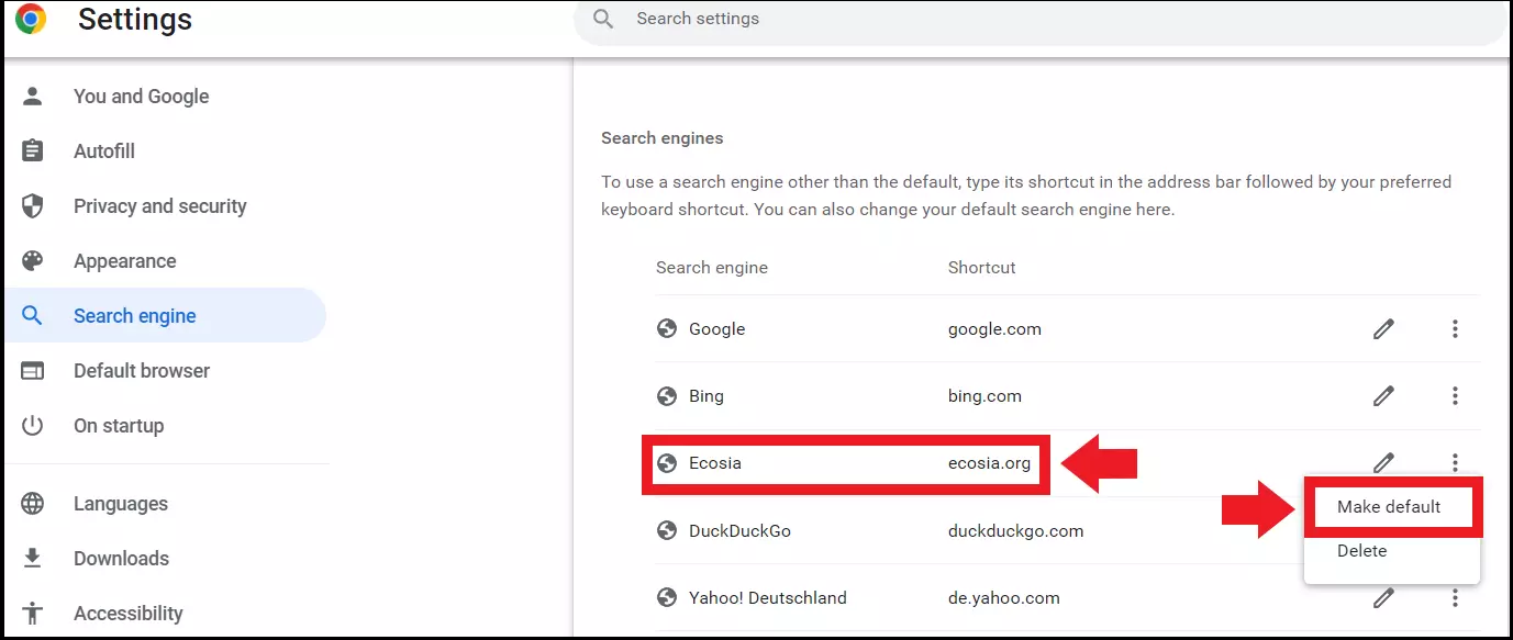 La voce di menu Chrome “Imposta come predefinito”