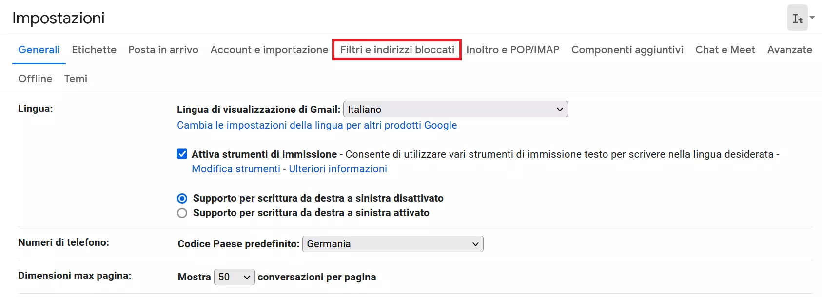 Impostazioni di Gmail con tutte le schede