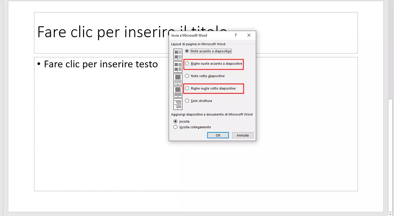 Inviare PowerPoint a Microsoft Word: opzioni