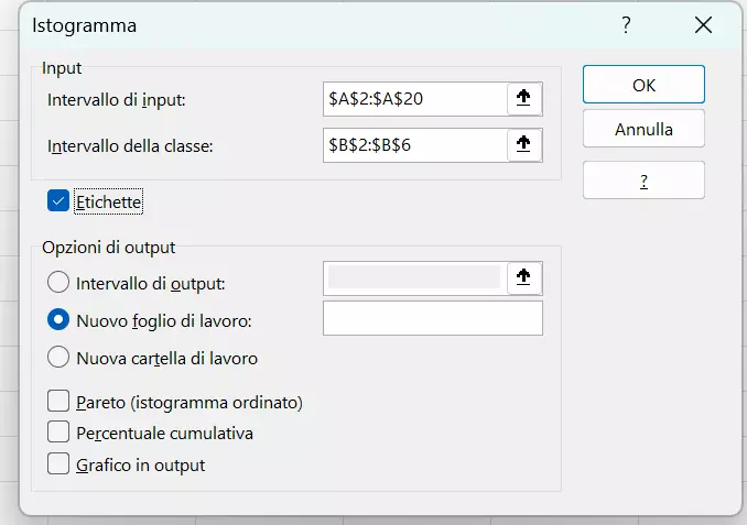 Opzioni di input per gli istogrammi Excel