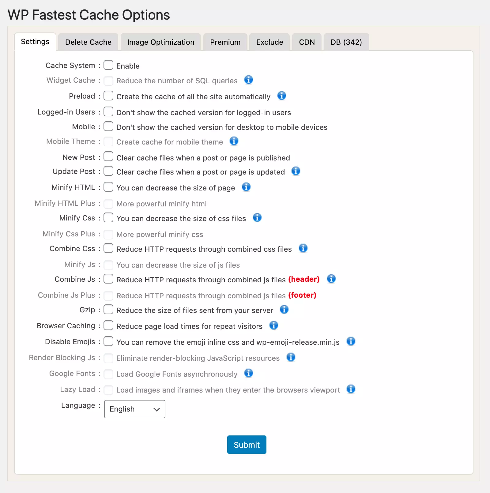 Schermata delle impostazioni del plug-in di caching WP Fastest Cache nella bacheca di WordPress