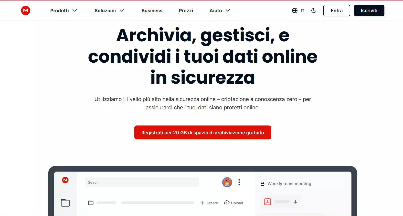 Screenshot del servizio cloud offerto da MEGA