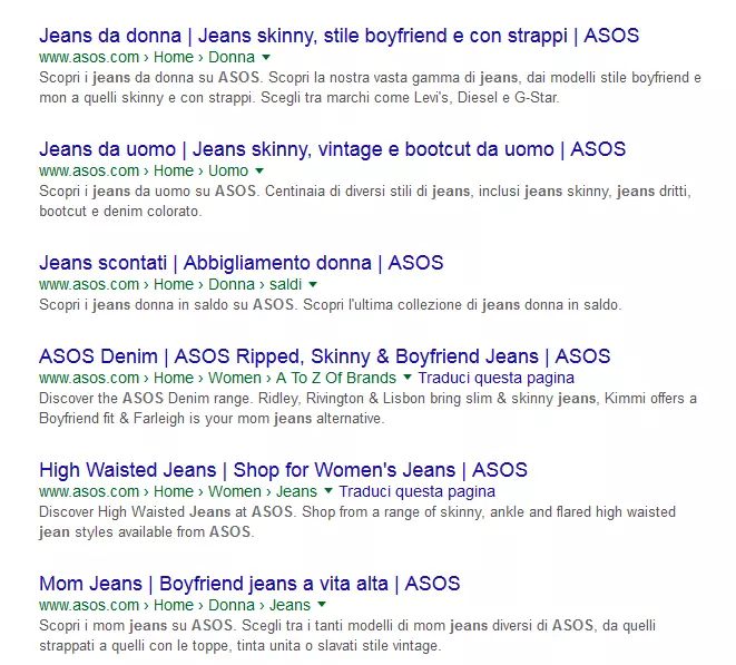 Screenshot della ricerca su Google di “jeans asos”