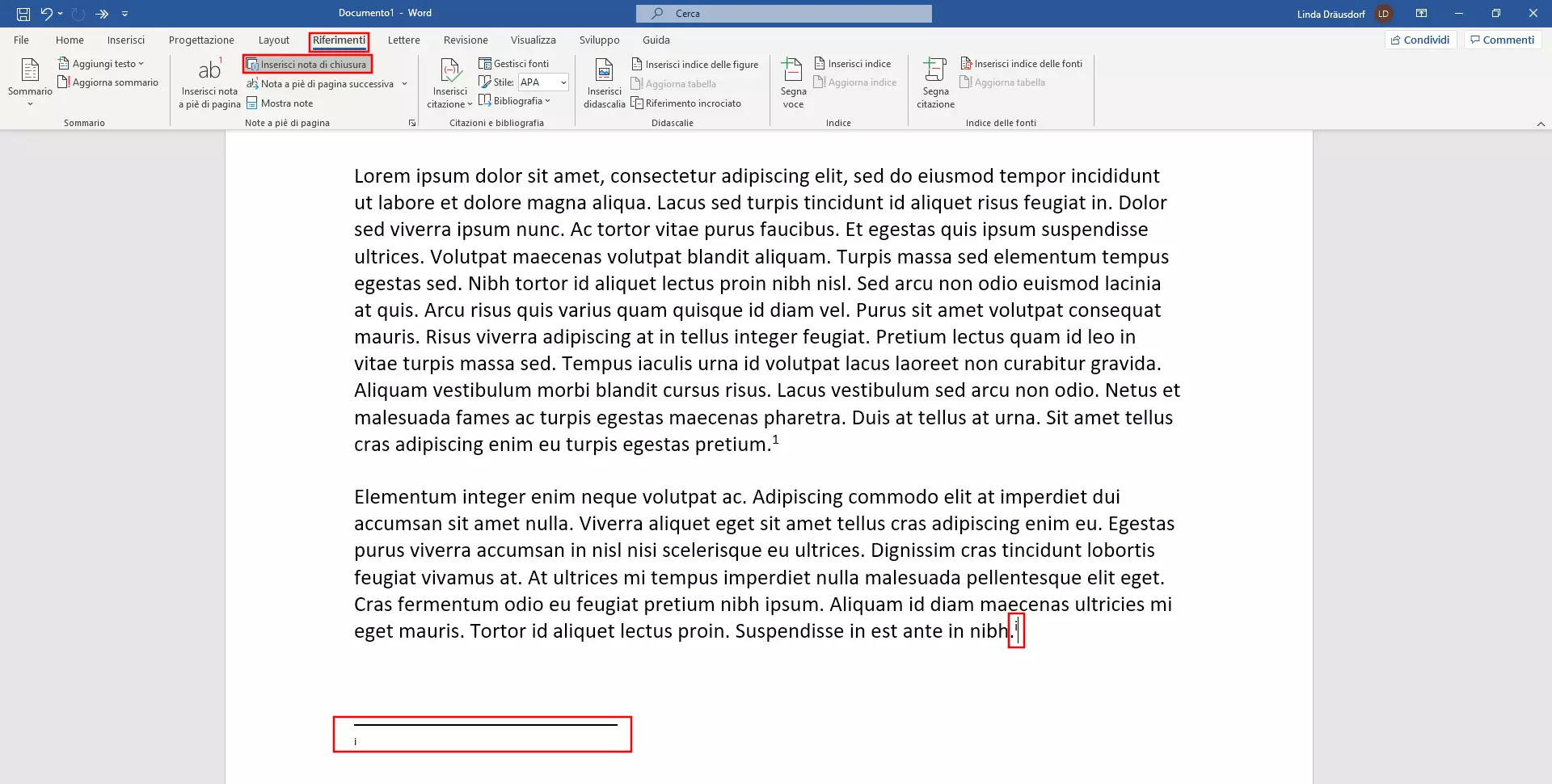 Inserire note di chiusura in Word 365