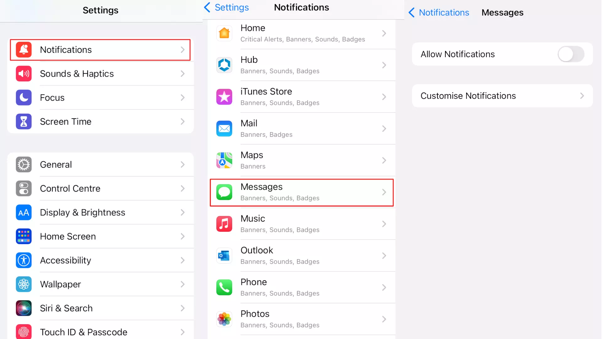 Tre screenshot delle impostazioni delle app su iOS