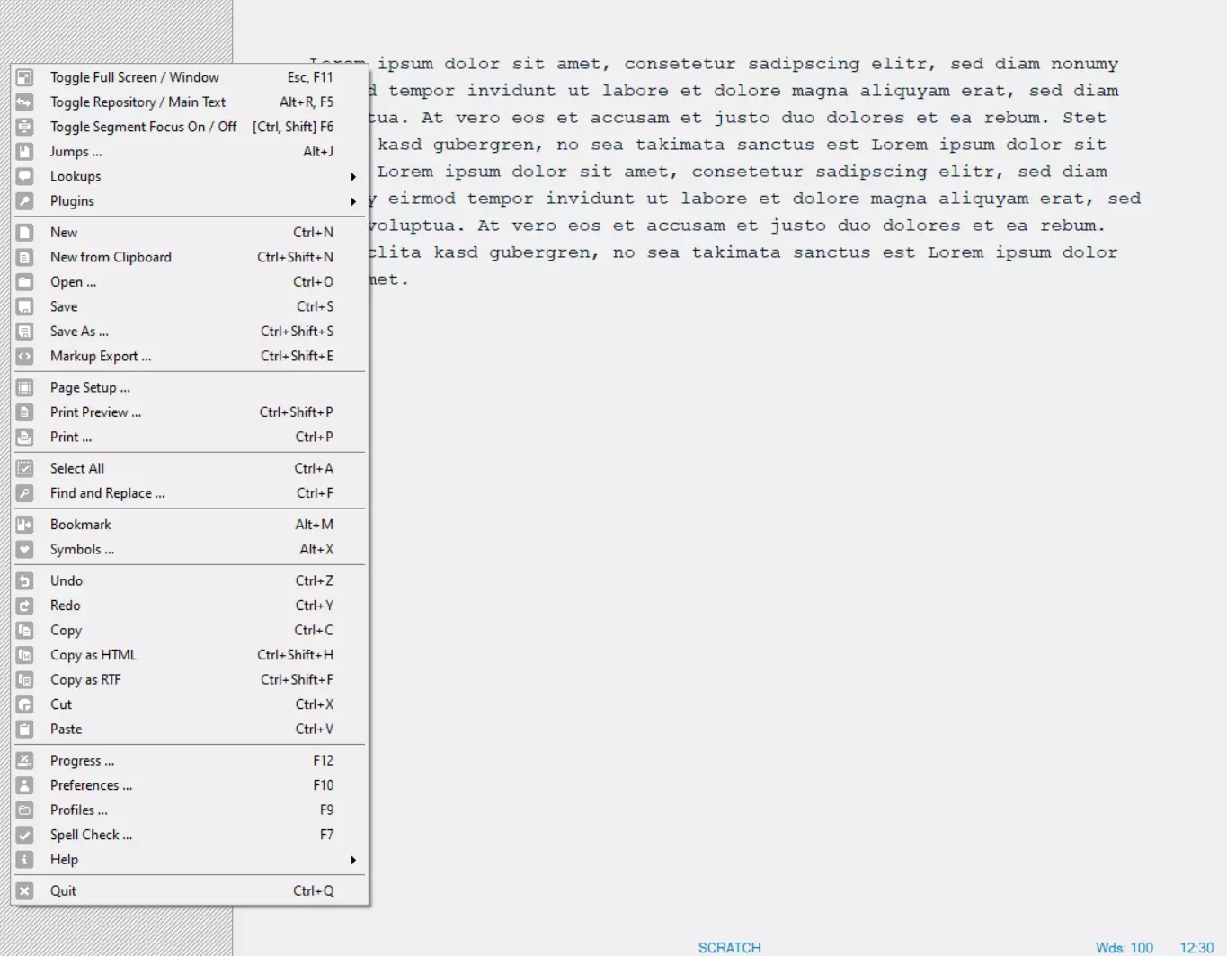 Interfaccia utente di WriteMonkey in inglese con esempio di un nuovo documento