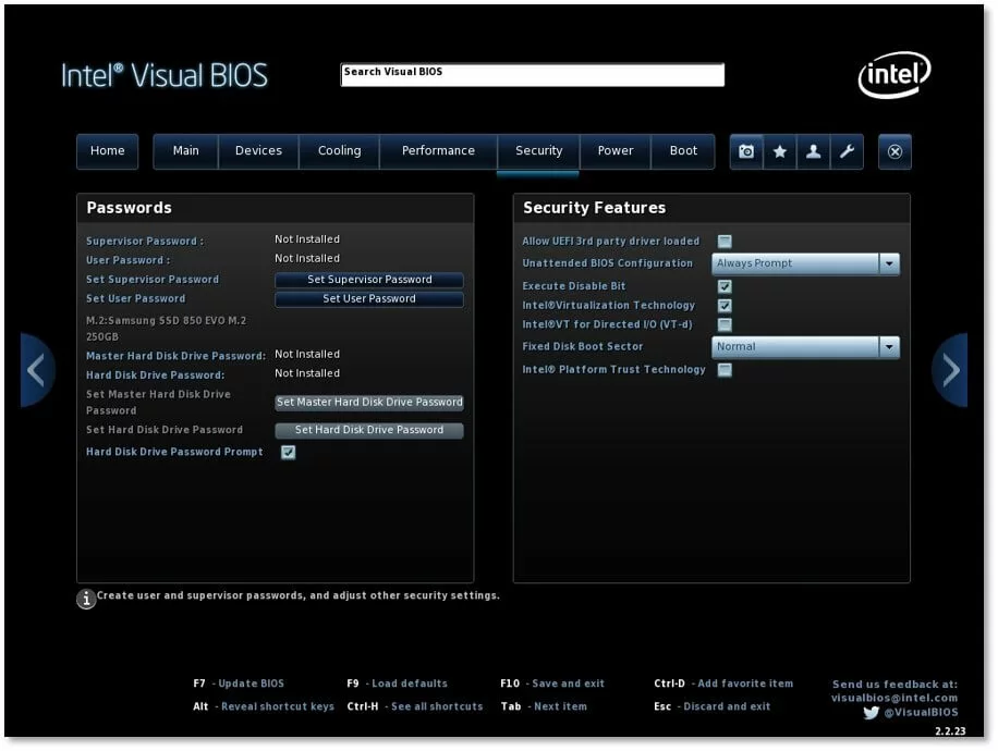 Intel Visual BIOS: funzioni di sicurezza