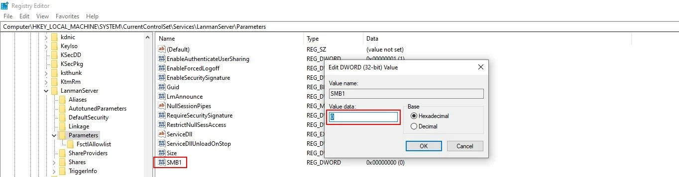 Voce SMB1 nel Registro di sistema di Windows 10