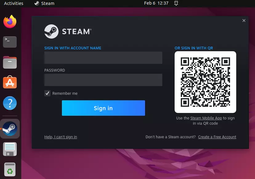 Steam su Ubuntu con finestra di login