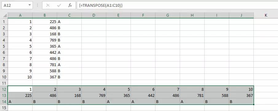 Rappresentazione di come effettuare una trasposizione in Excel con la funzione MATR.TRASPOSTA