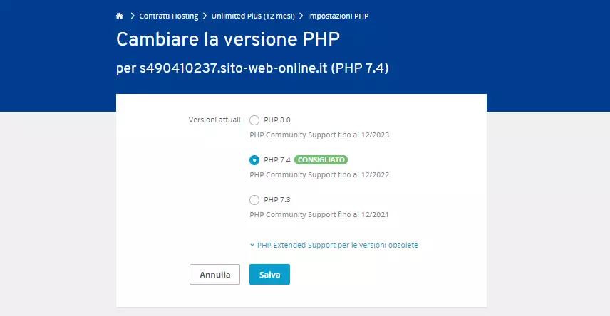 Selezionate la versione di PHP nel pannello di controllo di IONOS