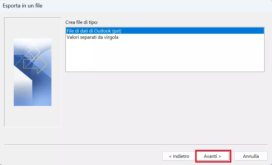 Esporta in un file: file di dati di Outlook (pst)