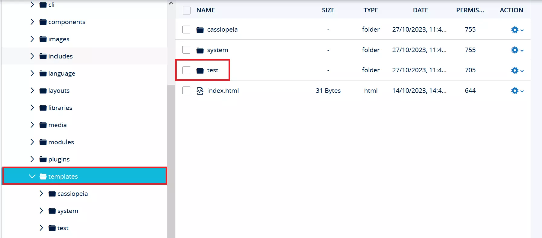 Screenshot della struttura dei file di Joomla