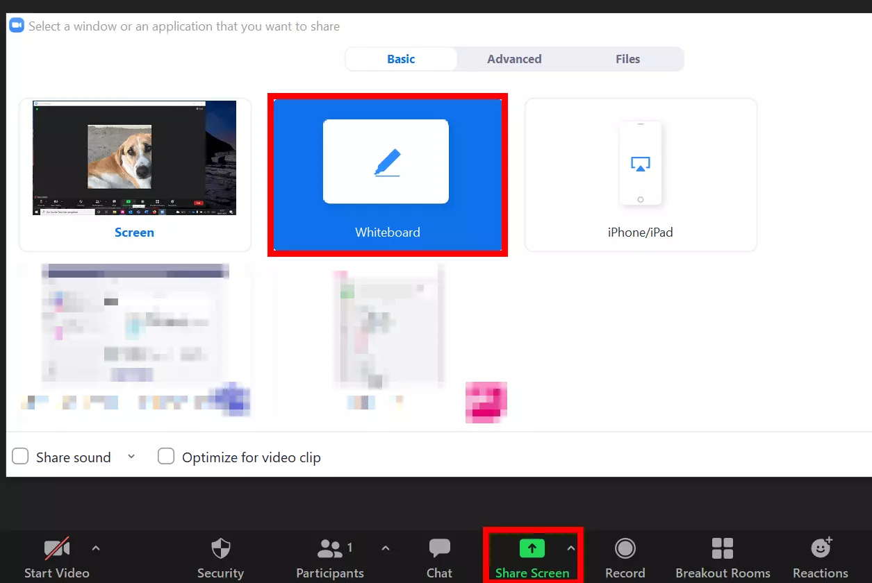 Condividere lo schermo con l’opzione per la lavagna di Zoom